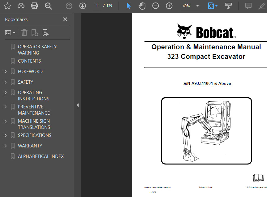 BOBCAT 323 COMPACT EXCAVATOR OPERATORS SERVICE REPAIR OWNERS SHOP MANUAL PDF USB