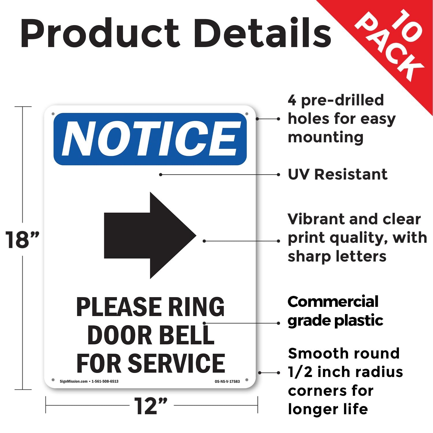 Please Ring Door Bell OSHA Notice Rigid Plastic Sign 18 Inch x 12 Inch – 10 Pack