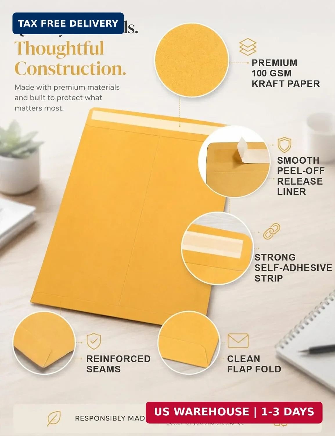 9×12 Manilla Envelopes Self Seal, 20 Pack – 100 GSM Heavyweight Brown Kraft Larg