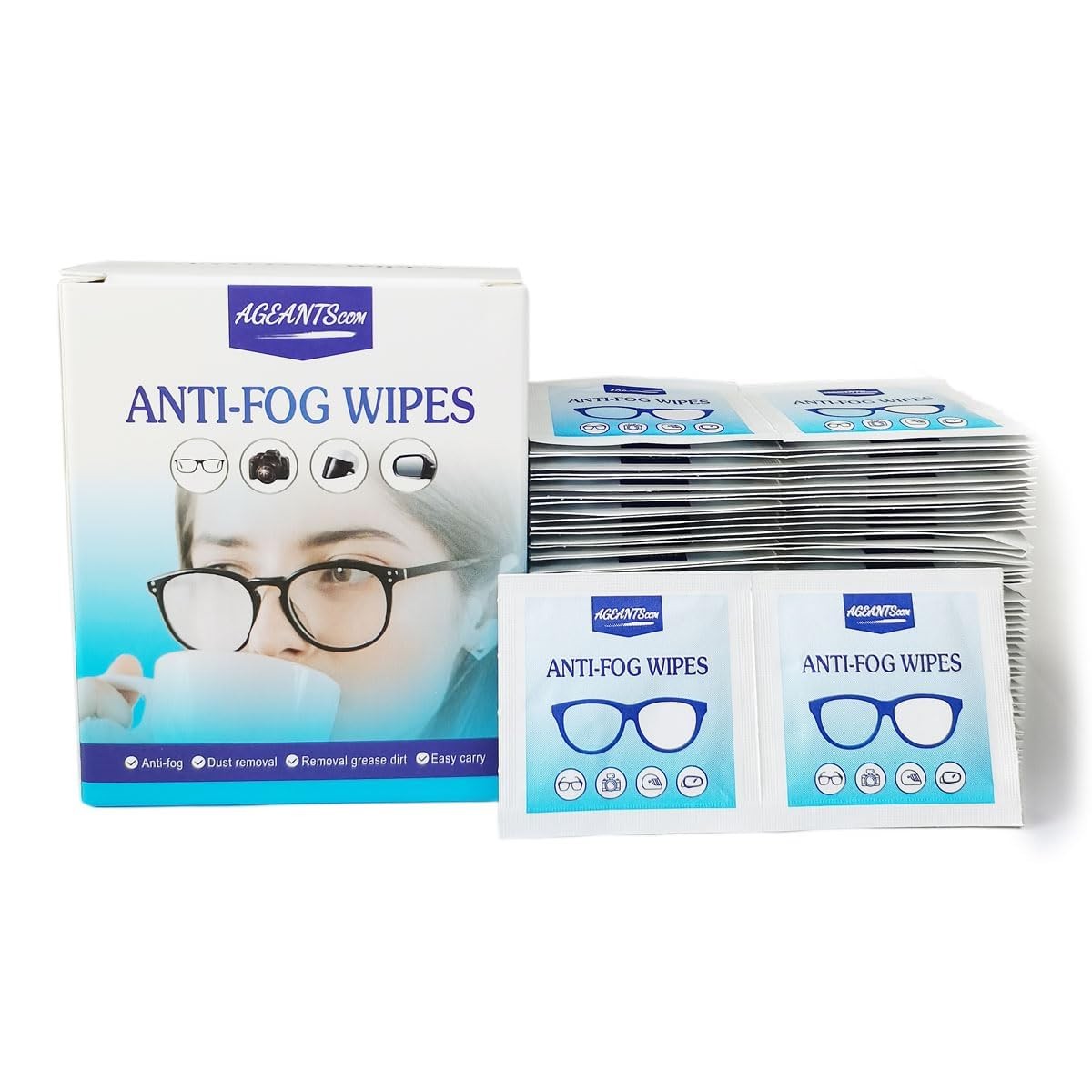 Ageantscom Anti-Fog Wipes for Glasses – Eye 1 Count (Pack of 100), Blue