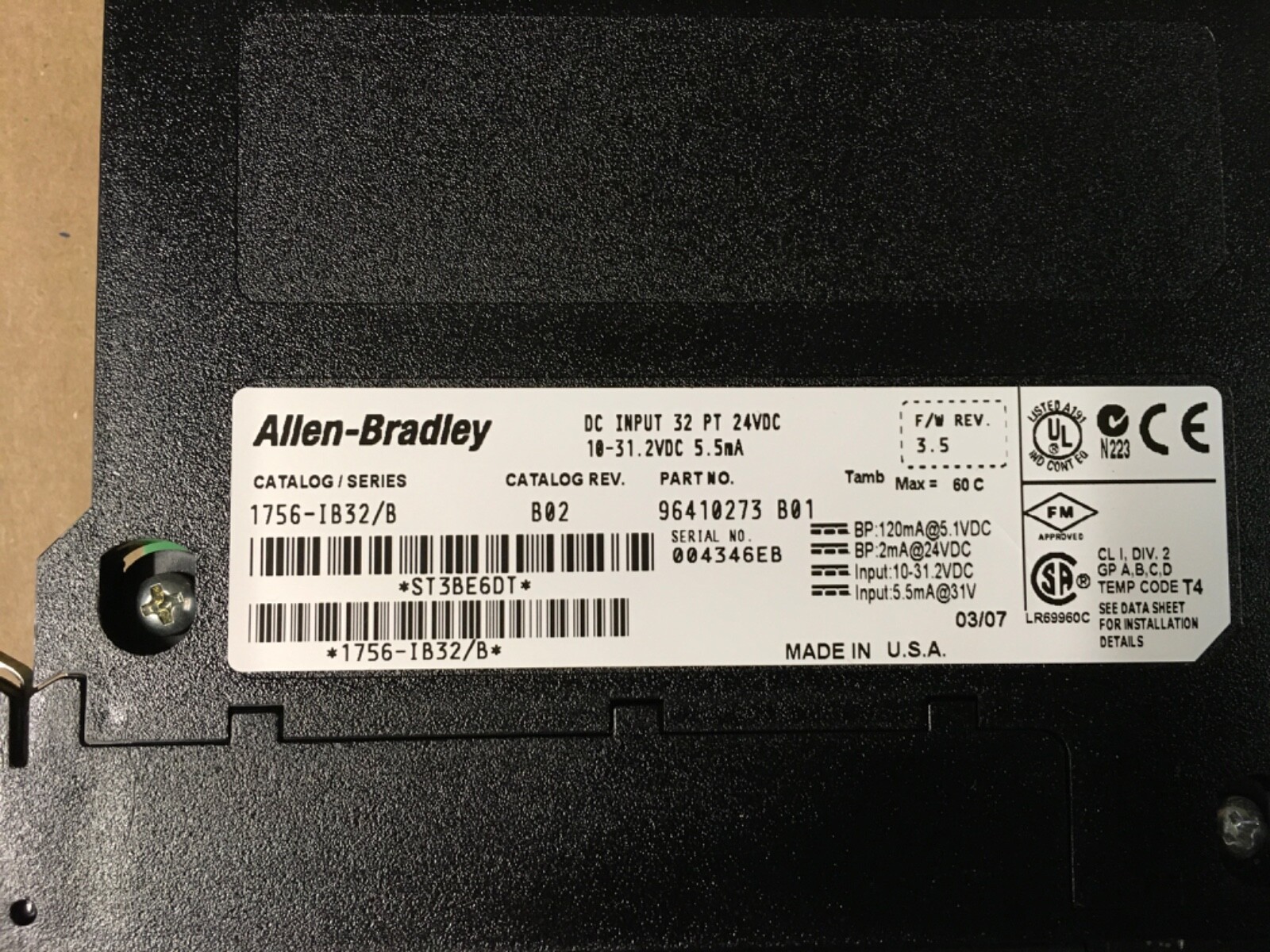 Allen-Bradley 1756-IB32/B DC Input Module 32Pt 24VDC P/N-96410273 B01 F/W 3.5