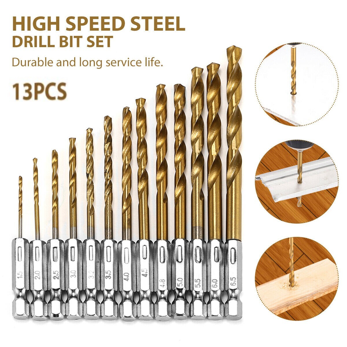 13pcs 1/4» Hex Shank Titanium Coated HSS Steel DRILL BIT Set Metal Wood Plastic