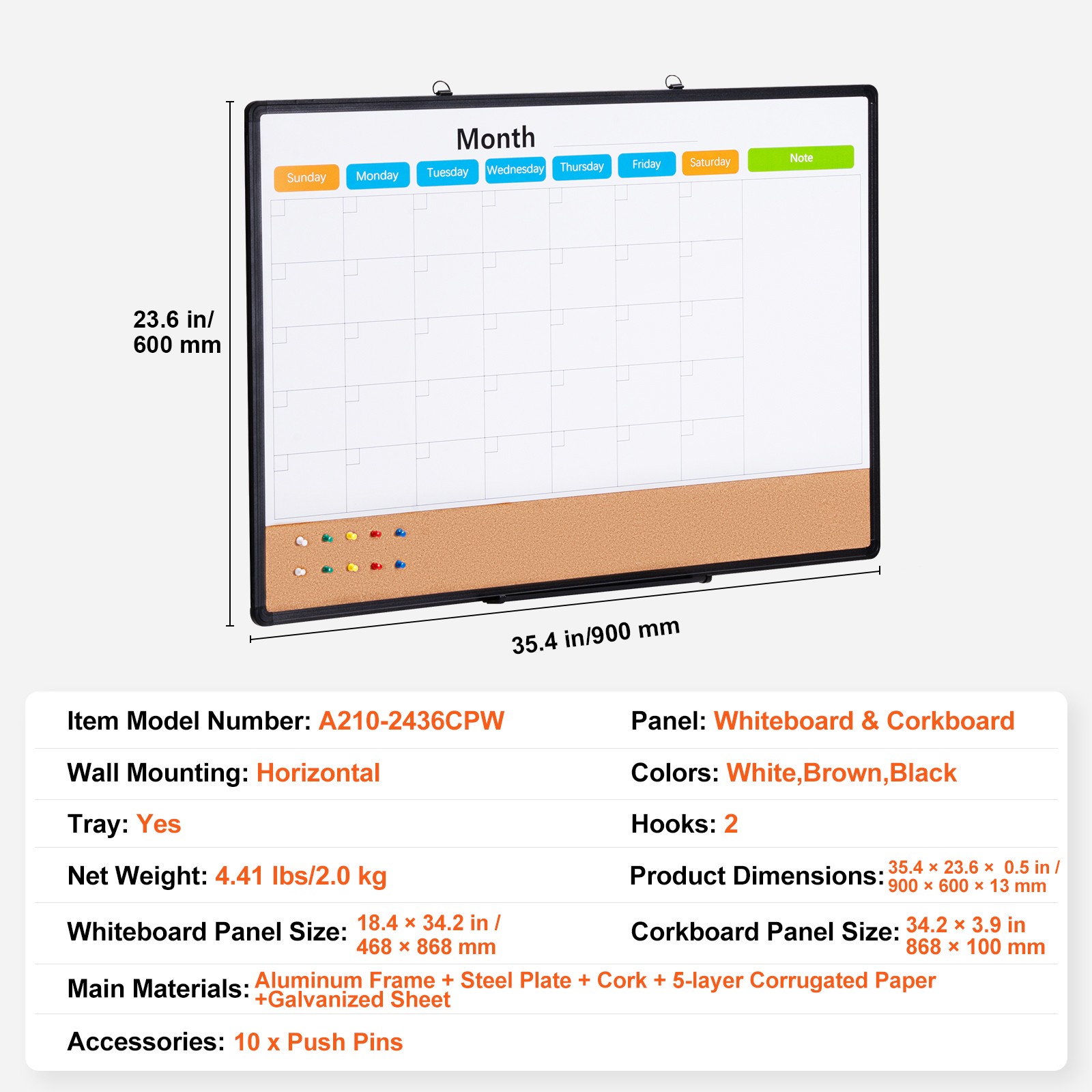 Uimoso 36″x24″Monthly Calendar Whiteboard & Cork Board Combo with Aluminum Frame