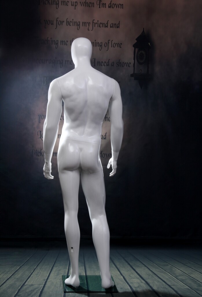 Mens Full Body Egg Head Glossy White Fiberglass Standing Mannequin with Base