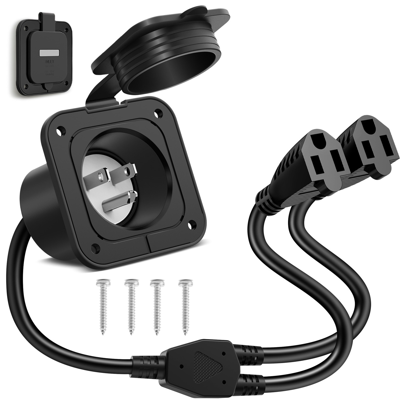 15Amp 125V AC Power Inlet,with Dual-Plug 18-Inch Extension Cord Y Splitter Cable