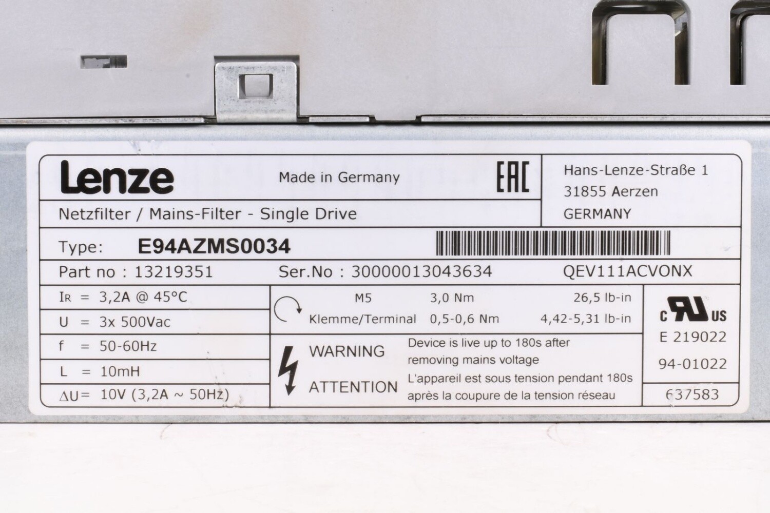 LENZE E94AZPS0034N + E94AZMS0034 + E94AZHX0051, Backplane with accessories