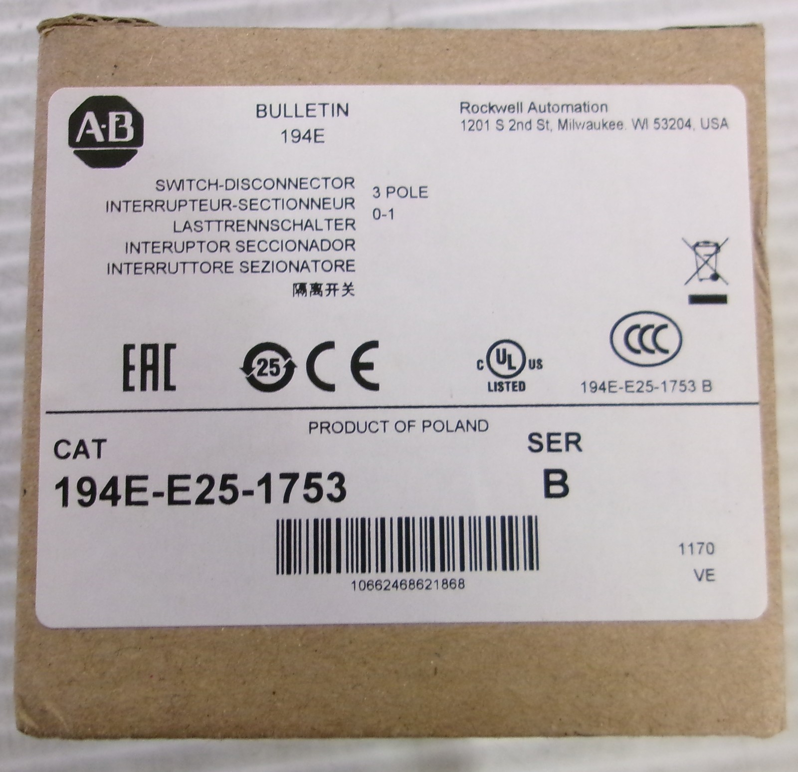 Allen Bradley 194E-E25-1753 Switch Disconnector 3 Pole