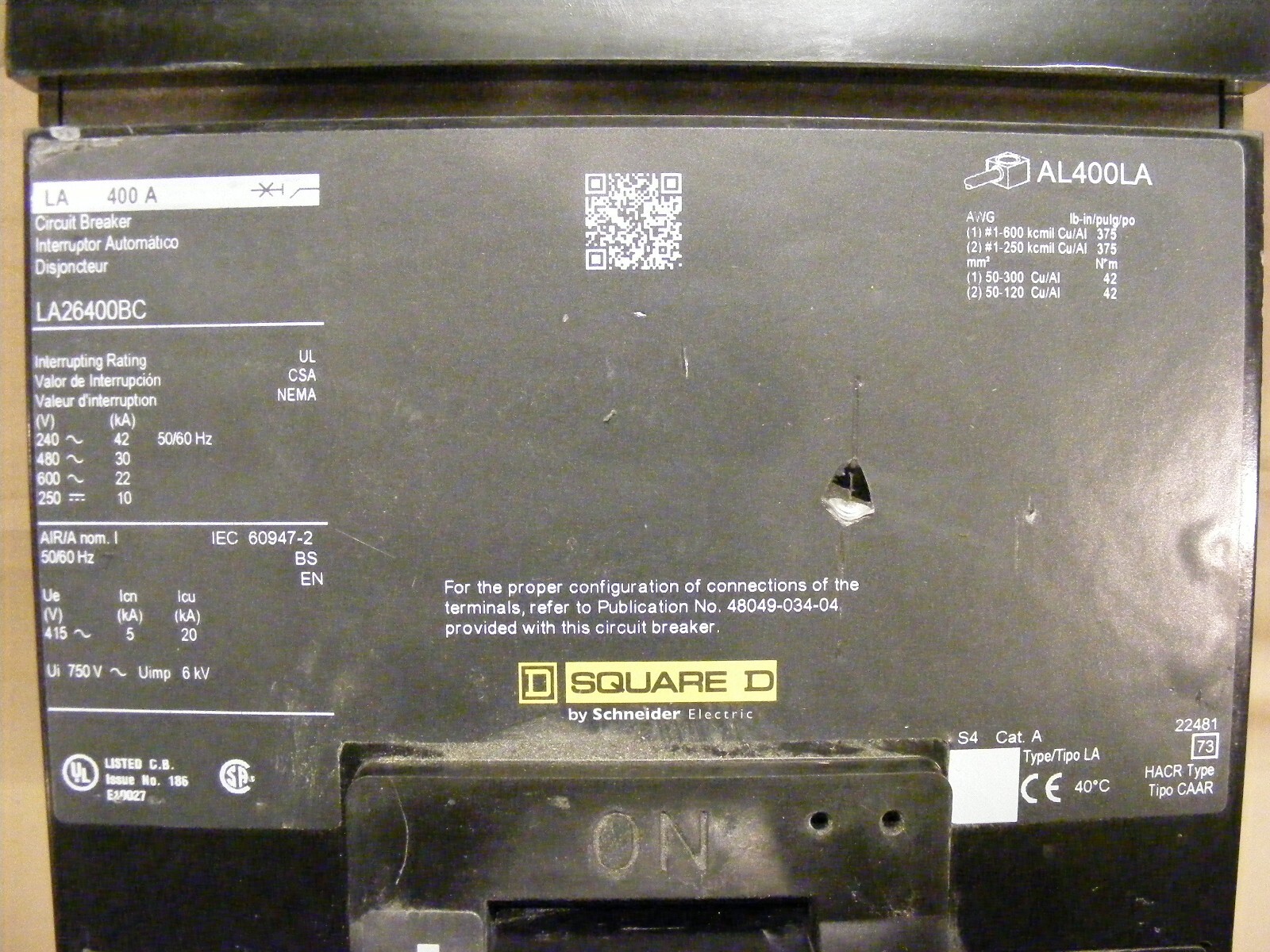 Used Square D LA26400BC 400A 2 Pole (42kAIC @240V) Breaker