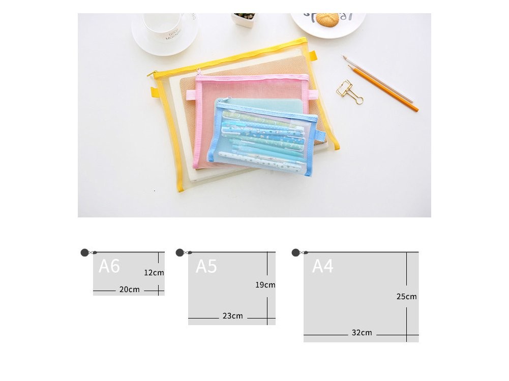 6 PCS White Zipper Files Bag Transparent Mesh Documents Pocket Pouch A5 Size