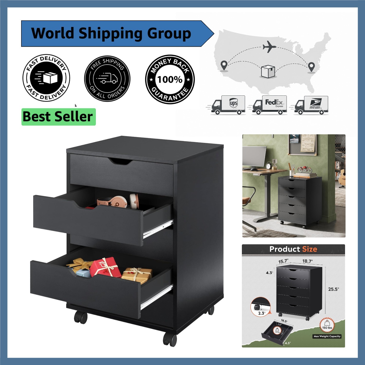 Versatile Black 5-Drawer Cabinet with Wheels – Perfect for Home Office Use