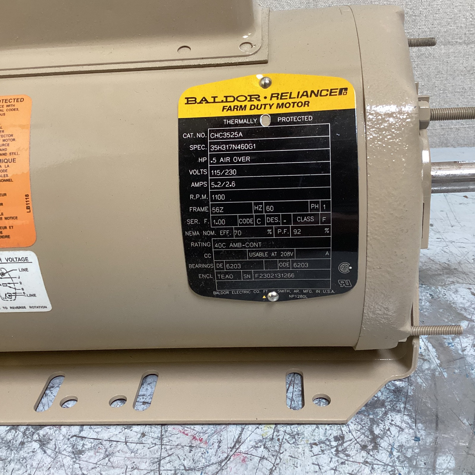 BALDOR ELECTRIC CHC3525A General Purpose Motor 1/2 hp 60Hz 115V/230V