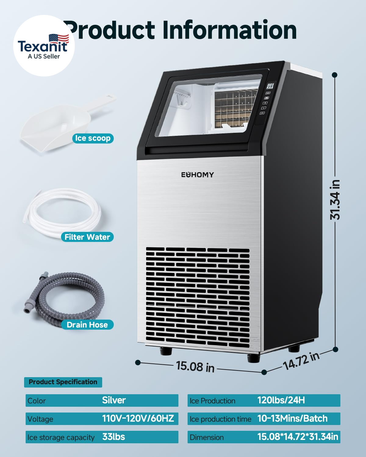 Commercial Ice Maker Machine,120Lbs/24H Stainless Steel under Counter Ice Machin