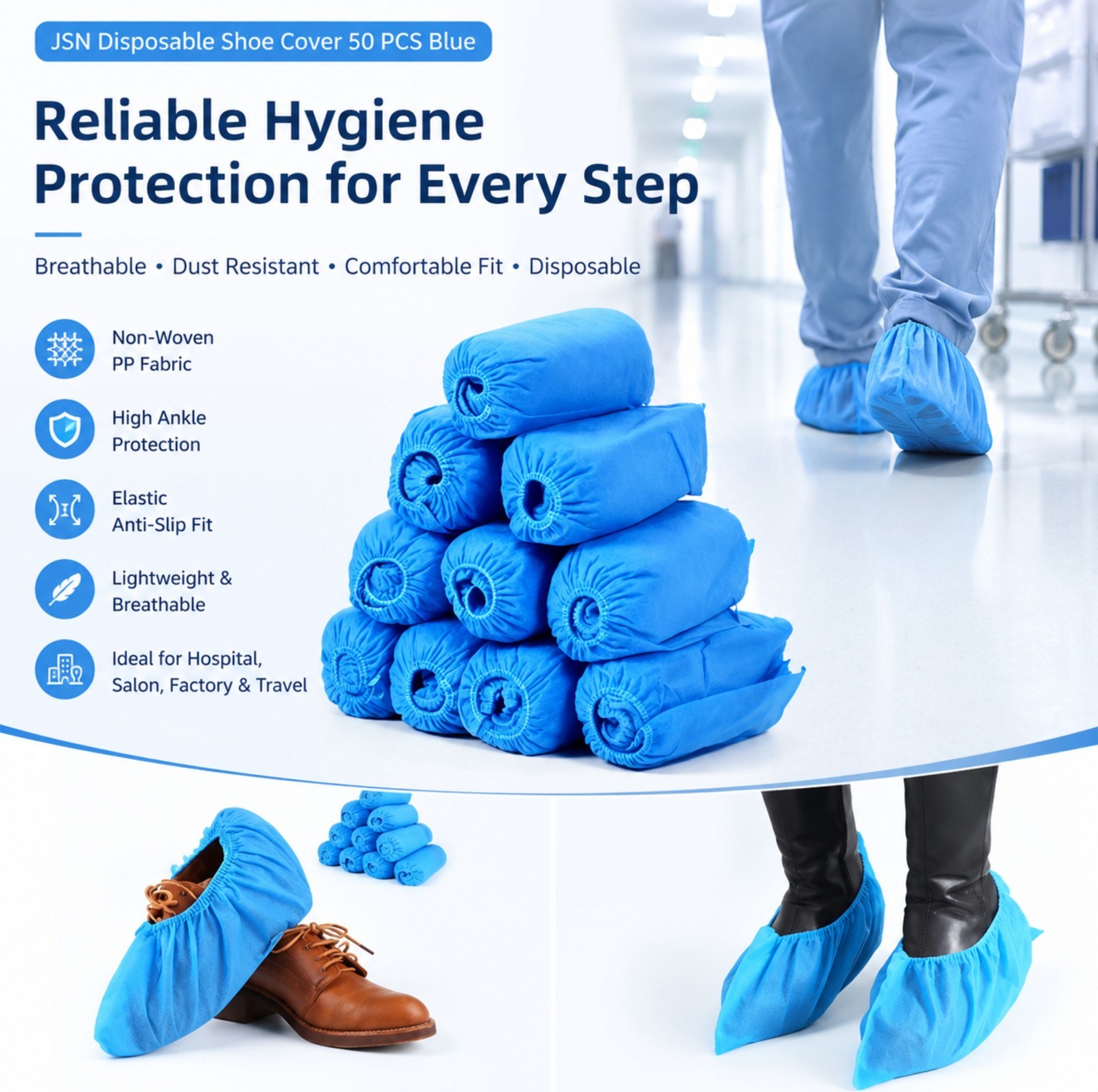 JSN Shoe Cover 50 PCS Non Woven Polypropylene PP Fabric High Ankle Shoe Covers