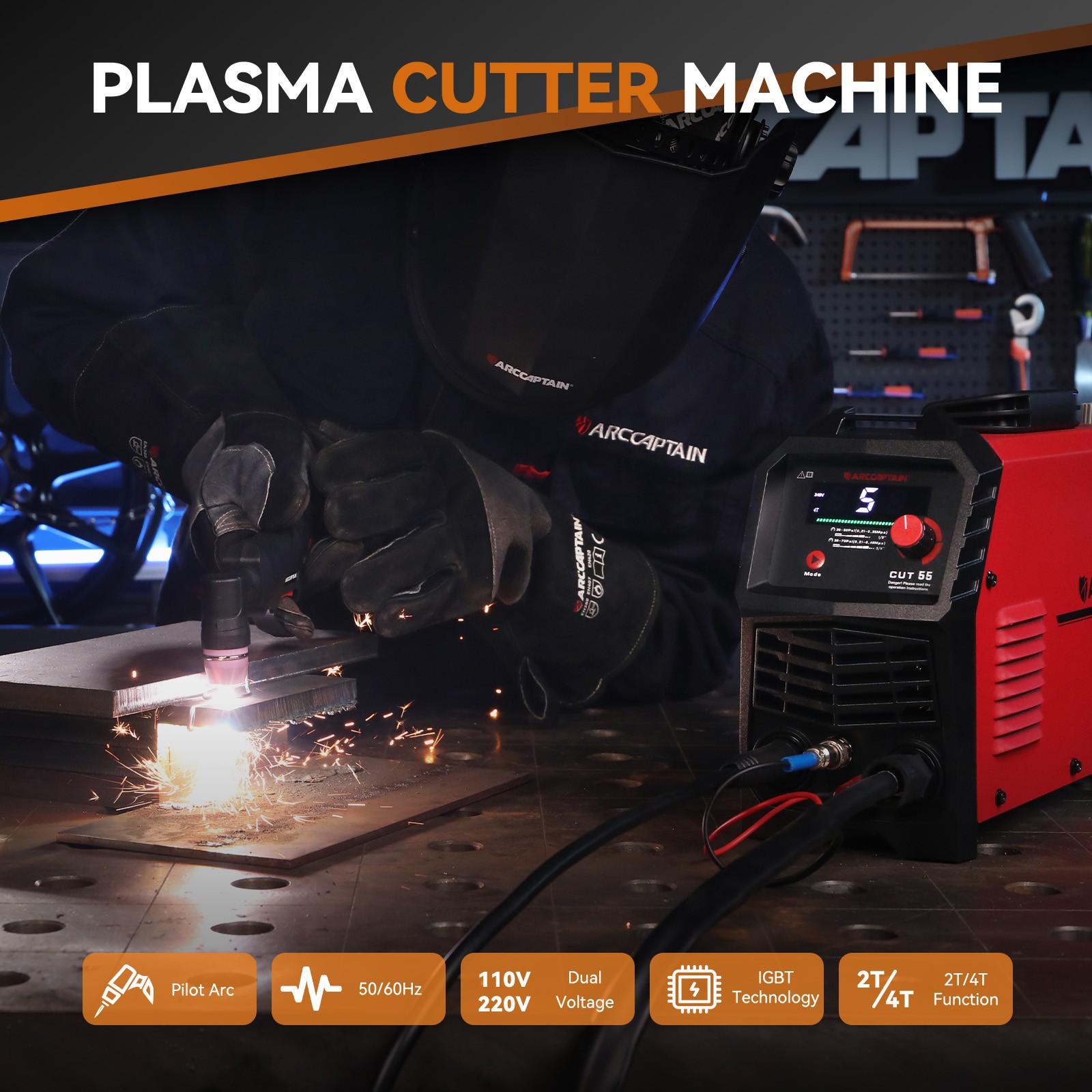 Arccaptain CUT55 LED Pilot Non-Touch Pilot Arc Plasma Cutter with Welder Helmet