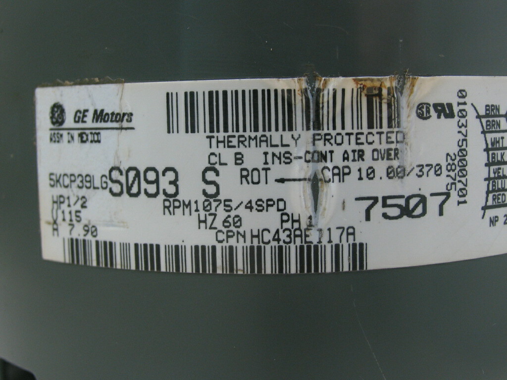 GE 5KCP39LGS093S Blower Motor 1/2 HP 1075 RPM 4SPD 115V HC43AE117A