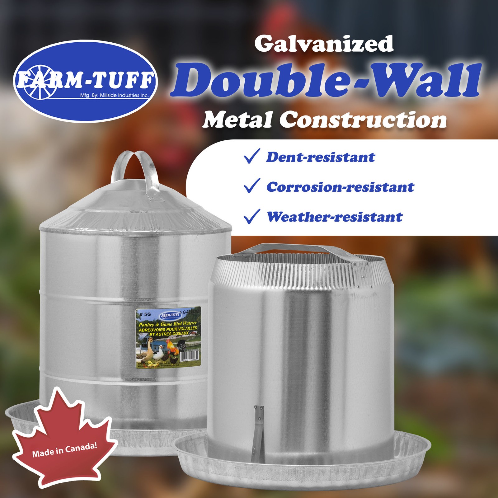 FARM-TUFF Double Wall Cone Top Galvanized Poultry Fountain, 5 Gallon Capacity