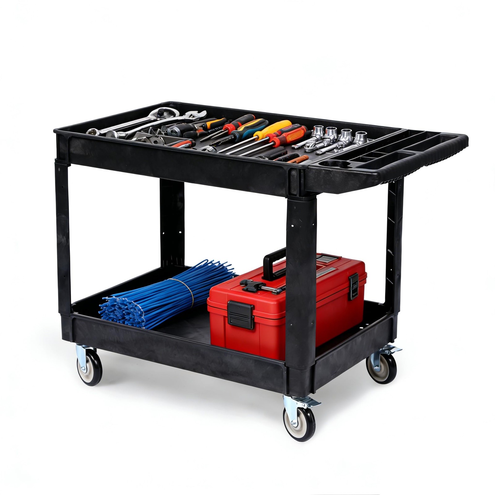 Utility Service Cart, 2 Shelf 550LBS Heavy Duty Plastic Rolling Utility Cart