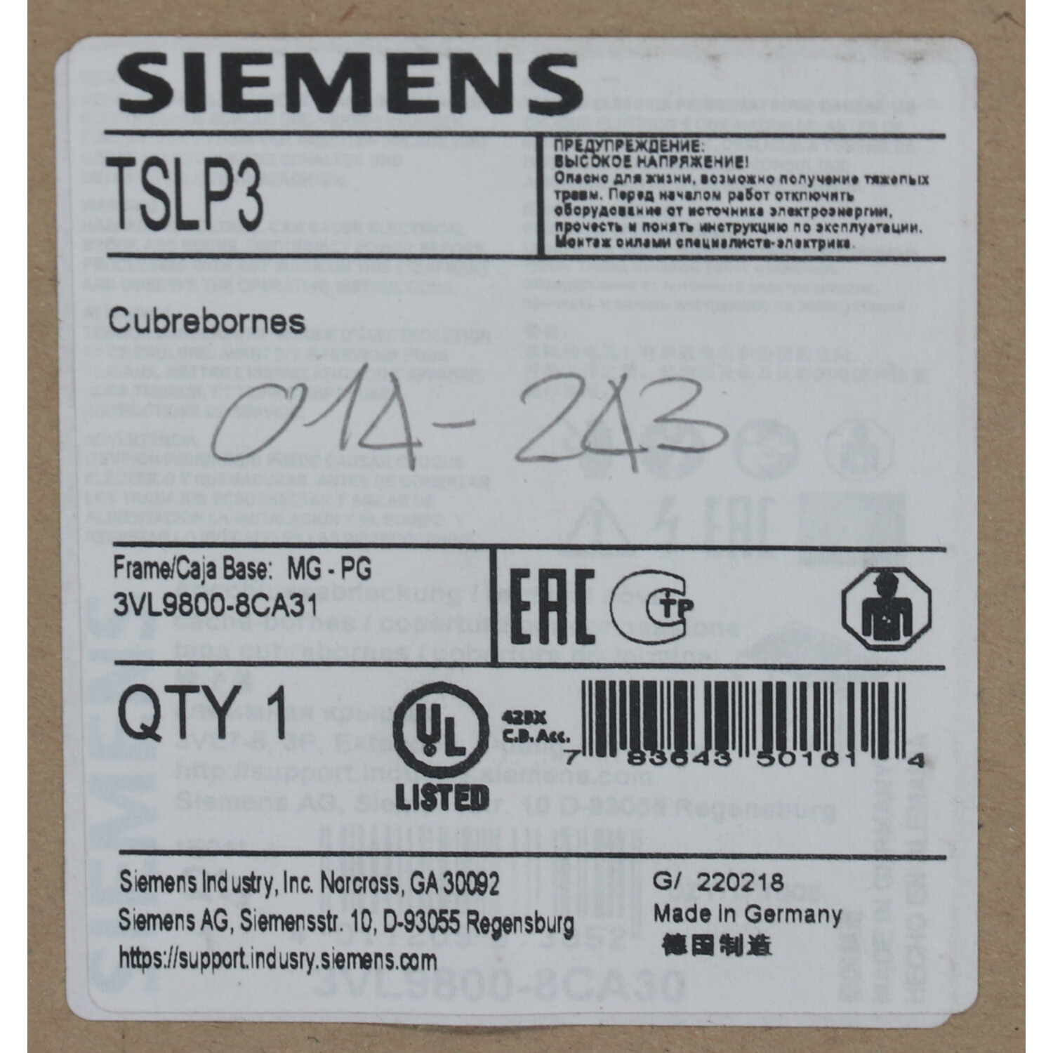 Siemens 3VL9800-8CA31 Terminal Cover IP30 New NFP