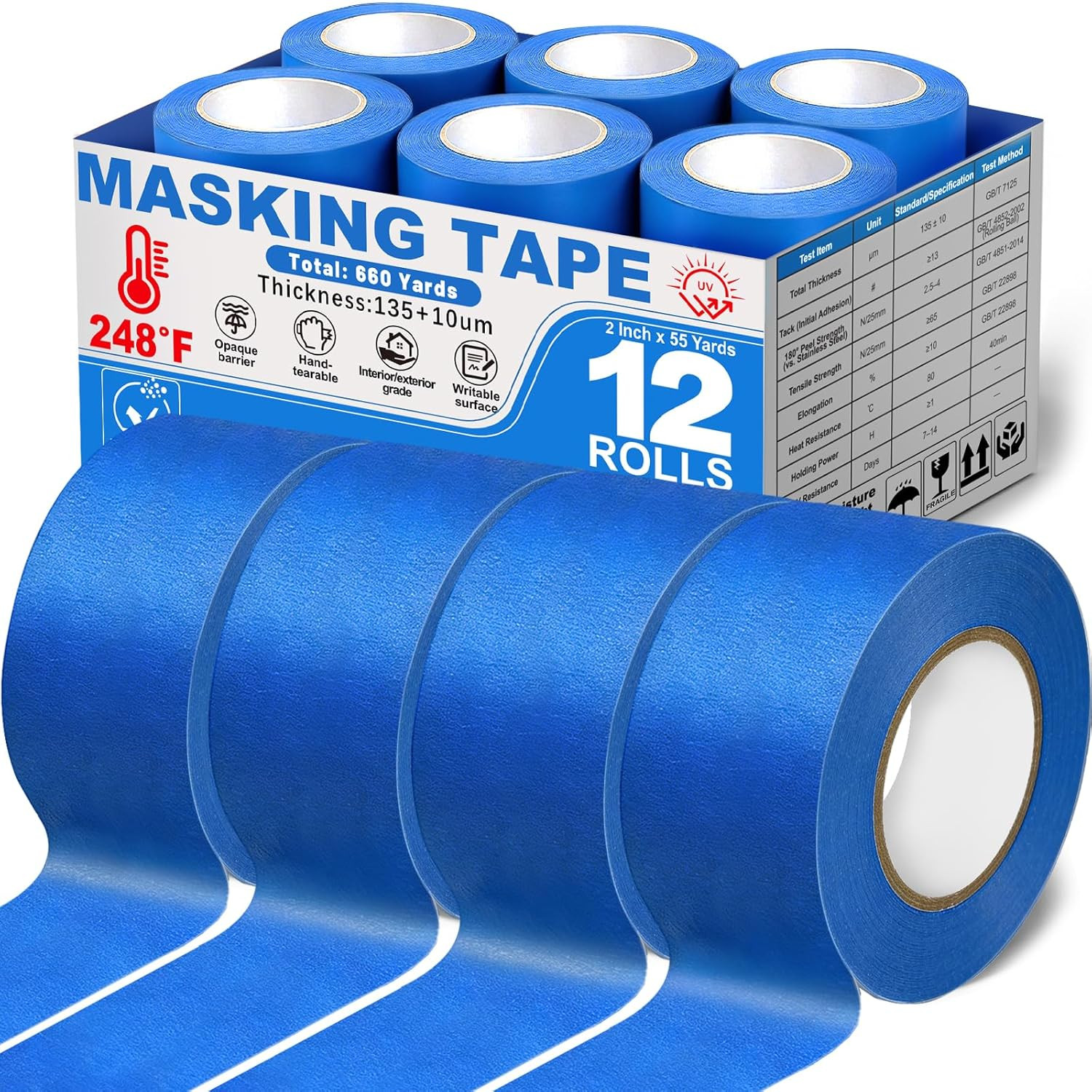 Painters Tape 2 Inch Wide, Blue Masking Tape 12 Rolls(2Inx55Yds) | 248℉ UV Resis