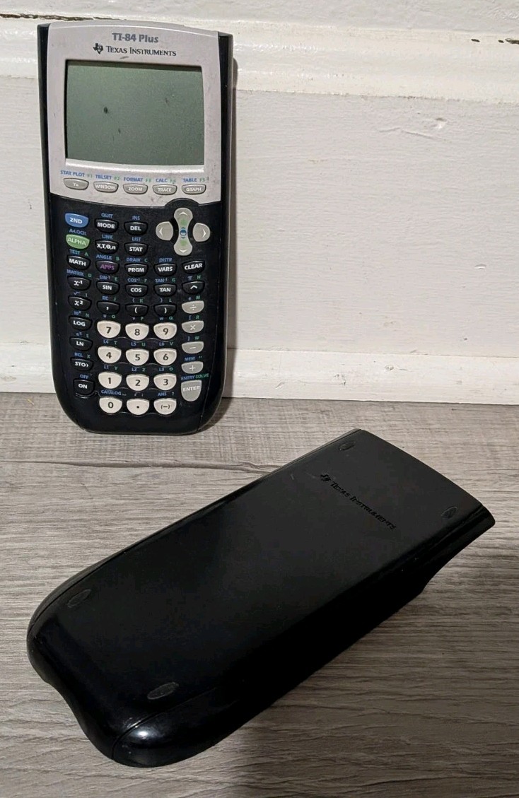 Texas Instruments TI-84 Plus Graphing Calculator Black Silver & Cover Works READ