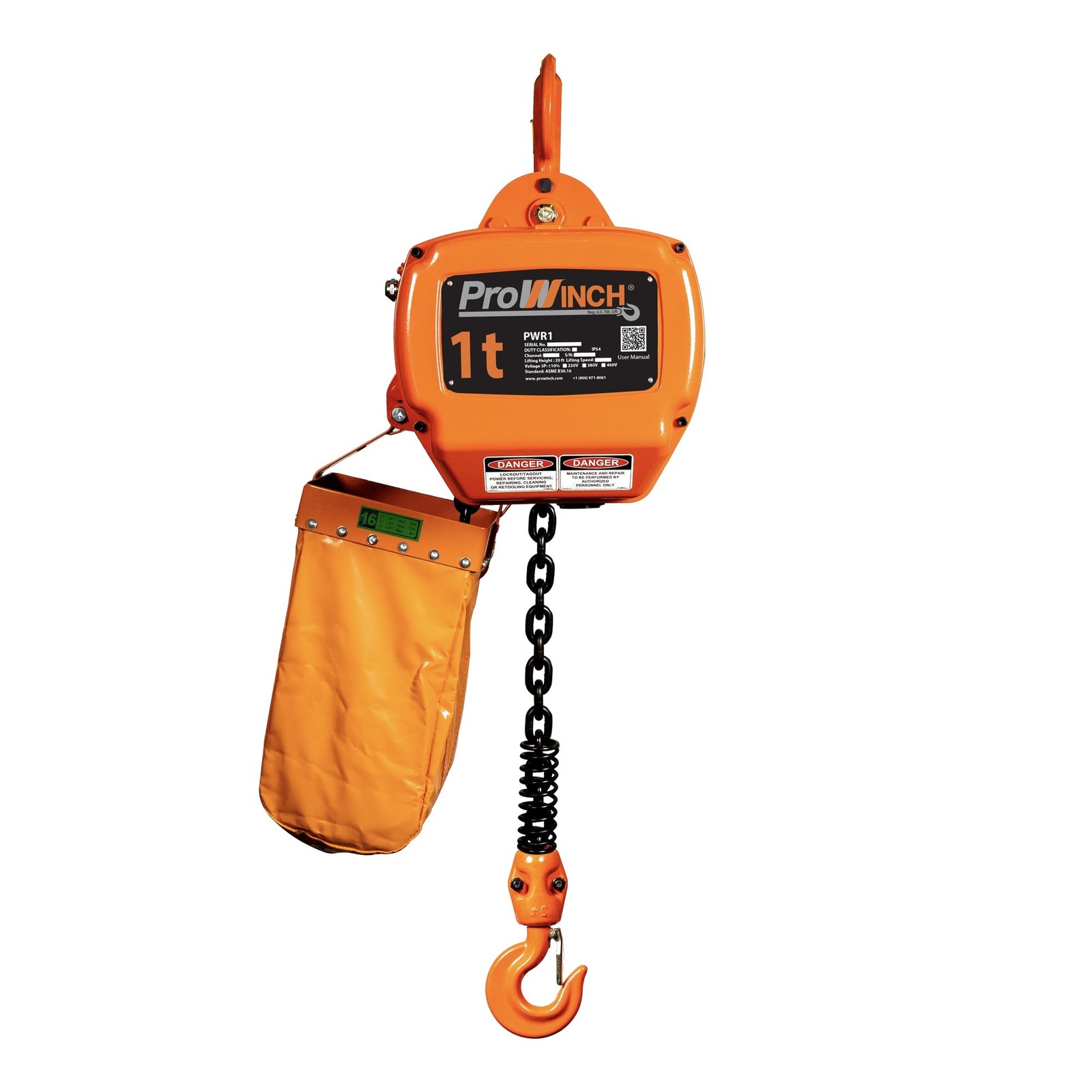 1 ton 2200 lb 208~240/440~480V 1 Speed Electric Chain Hoist 20ft. G100 Chain H3