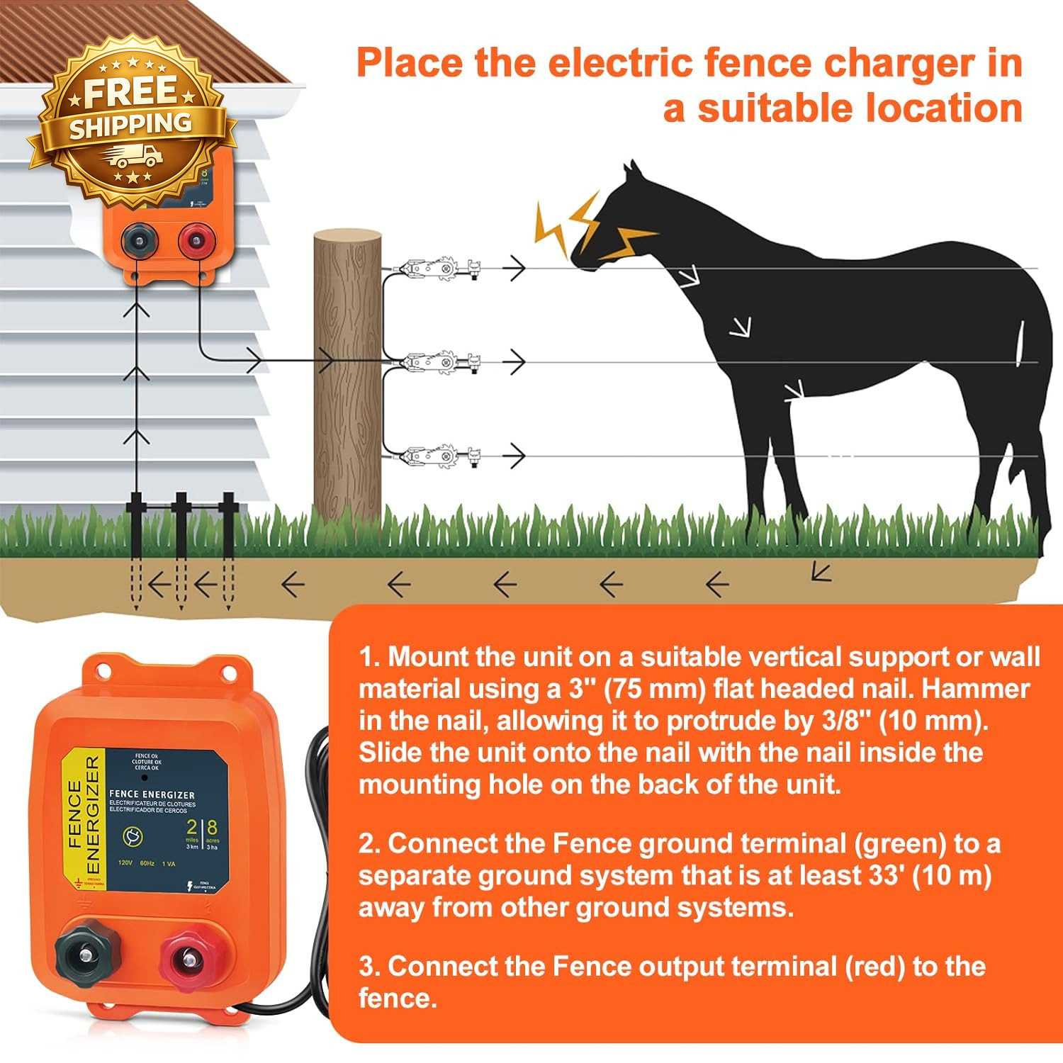 Electric Fence Charger PE2 0.10 Joule 2-Mile/ 8 Acres Plug in Electric Fence Cha