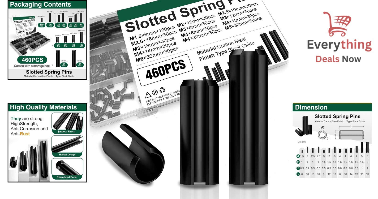 460pc Roll Pin Assortment – Metric Slotted Spring Pins M1.5-M6 Assort Kit Steel