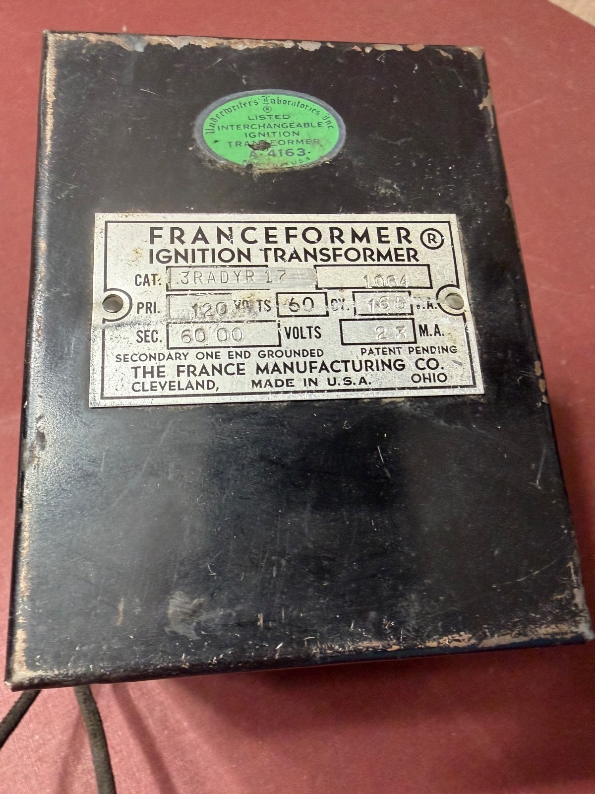 Vintage FRANCEFORMER IGNITION TRANSFORMER 3RADYR 17, Primary 120Volts-60CY-165VA