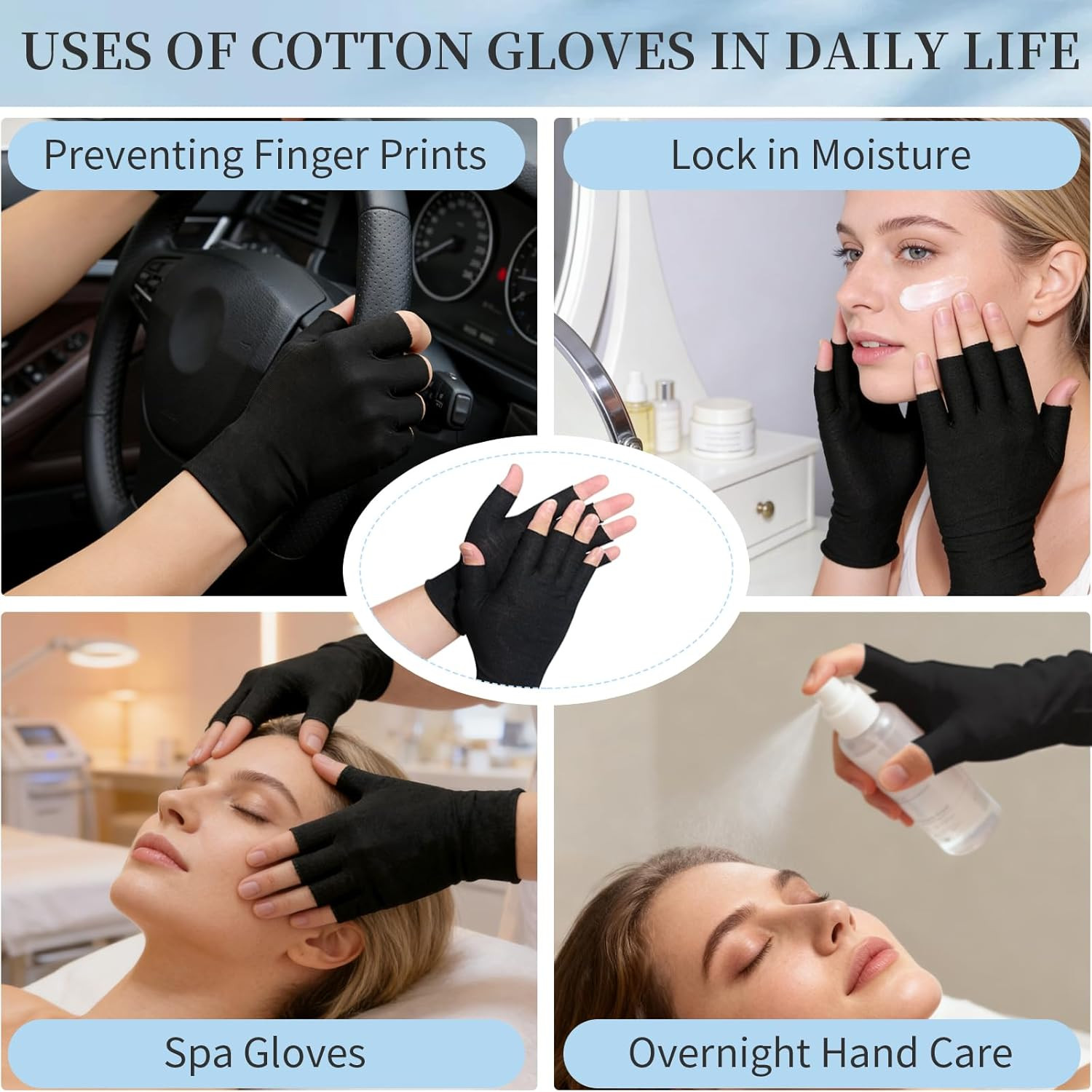 3 Pairs of Fingerless Cotton Gloves 100% Black Cotton Moisturizing Gloves for…