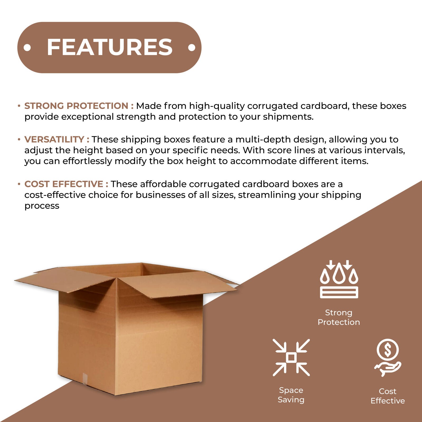 10 Multi-Depth Corrugated Boxes – 24 x 18 x 12, Brown ECT-32