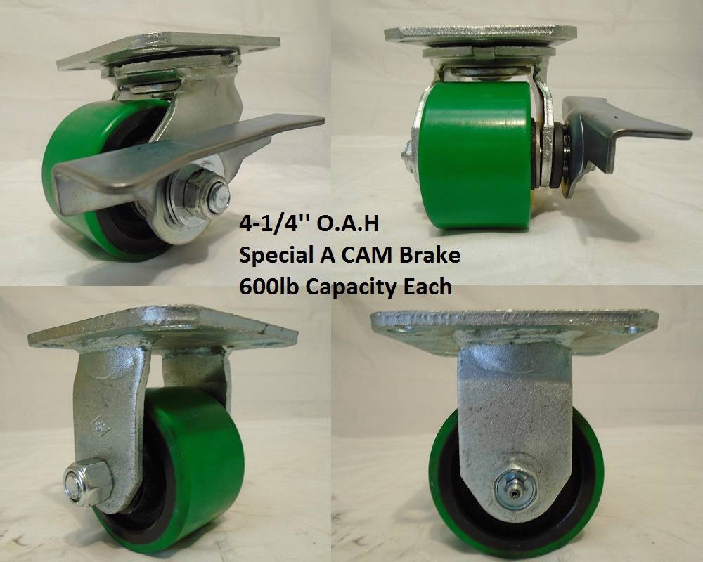 3-1/4» x 2» Swivel Low Profile Polyurethane Caster w/Brake(2) Rigid(2) 600lb e