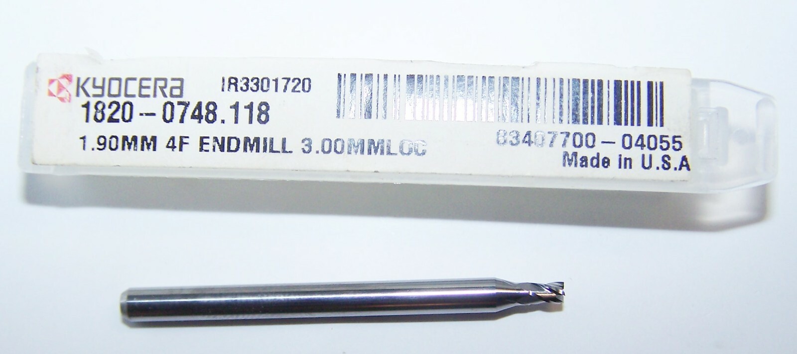 1.90mm (.0748″) Carbide End Mill 4 Flute Stub Kyocera 1820-0748.118