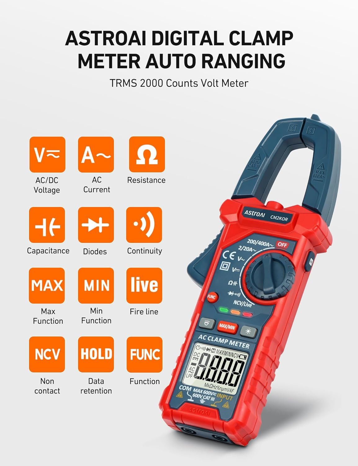 Astroai Digital Clamp Meter Multimeter 2000 Counts Amp Voltage Tester Auto-Rangi
