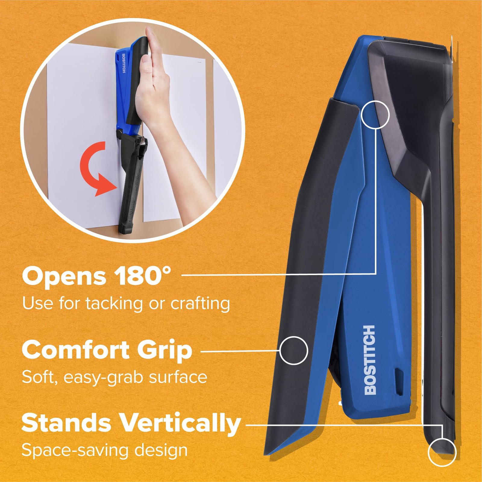 InPower SpringPowered Desktop Stapler, 20 Sheet Capcity, Built in Remover, Bl…