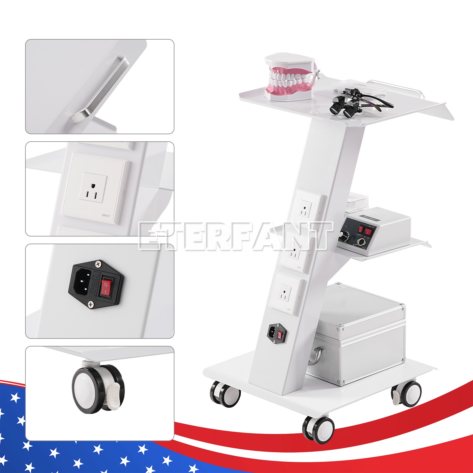Dental 4 Drawers Mobile Acrylic Cabinet Wooden Cart/Trolley Cart with Socket US