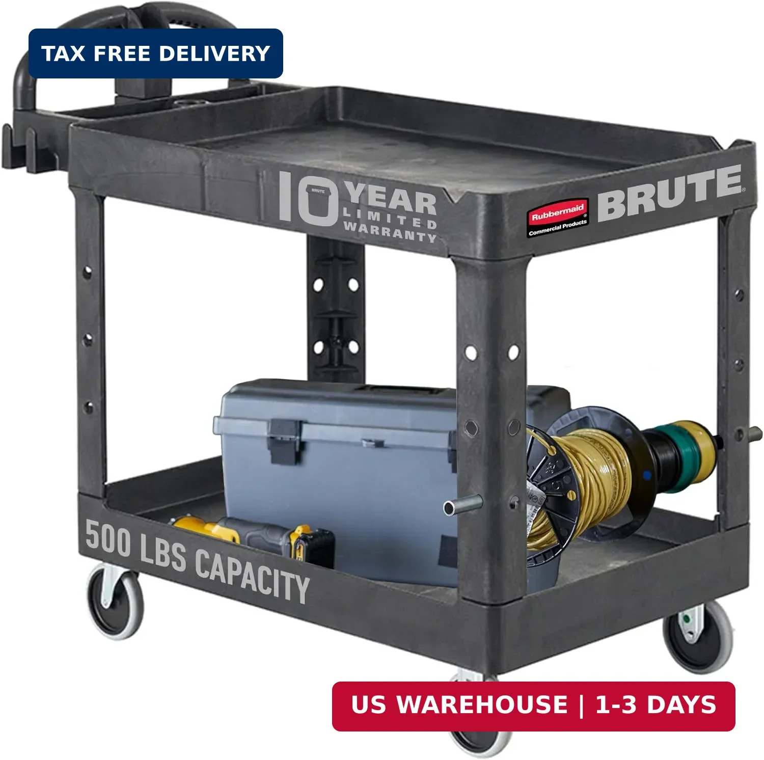 2-Shelf Utility/Service Cart, Medium, Black, Lipp