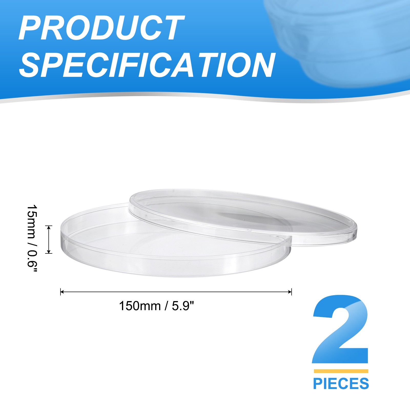 2 Pack 150mm/5.9 Inch Plastic Petri Dishes with Lids for Lab, Clear
