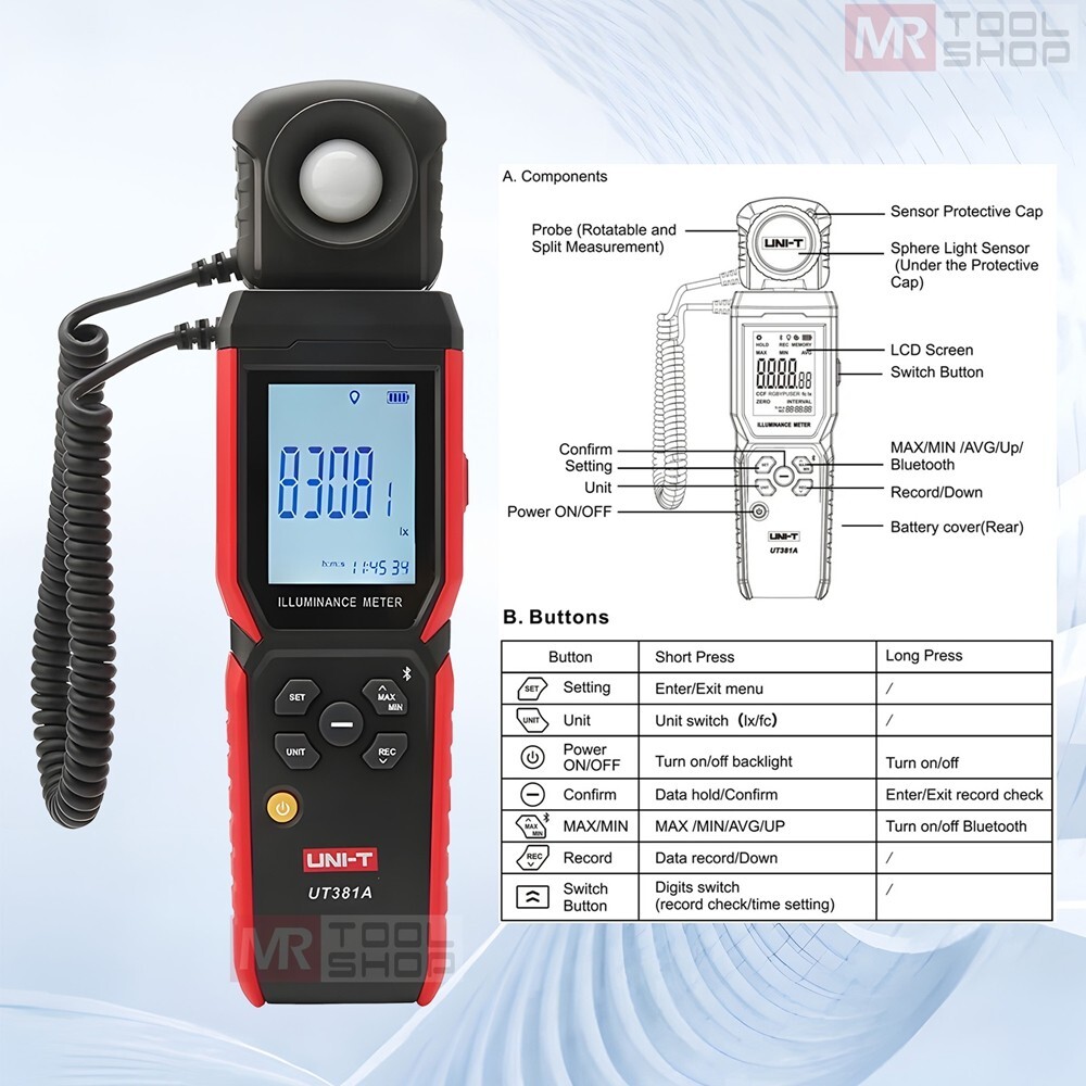 UNI-T UT381A Digital Illuminance Light Meter Bluetooth Luxmeter 400,000lx APP C