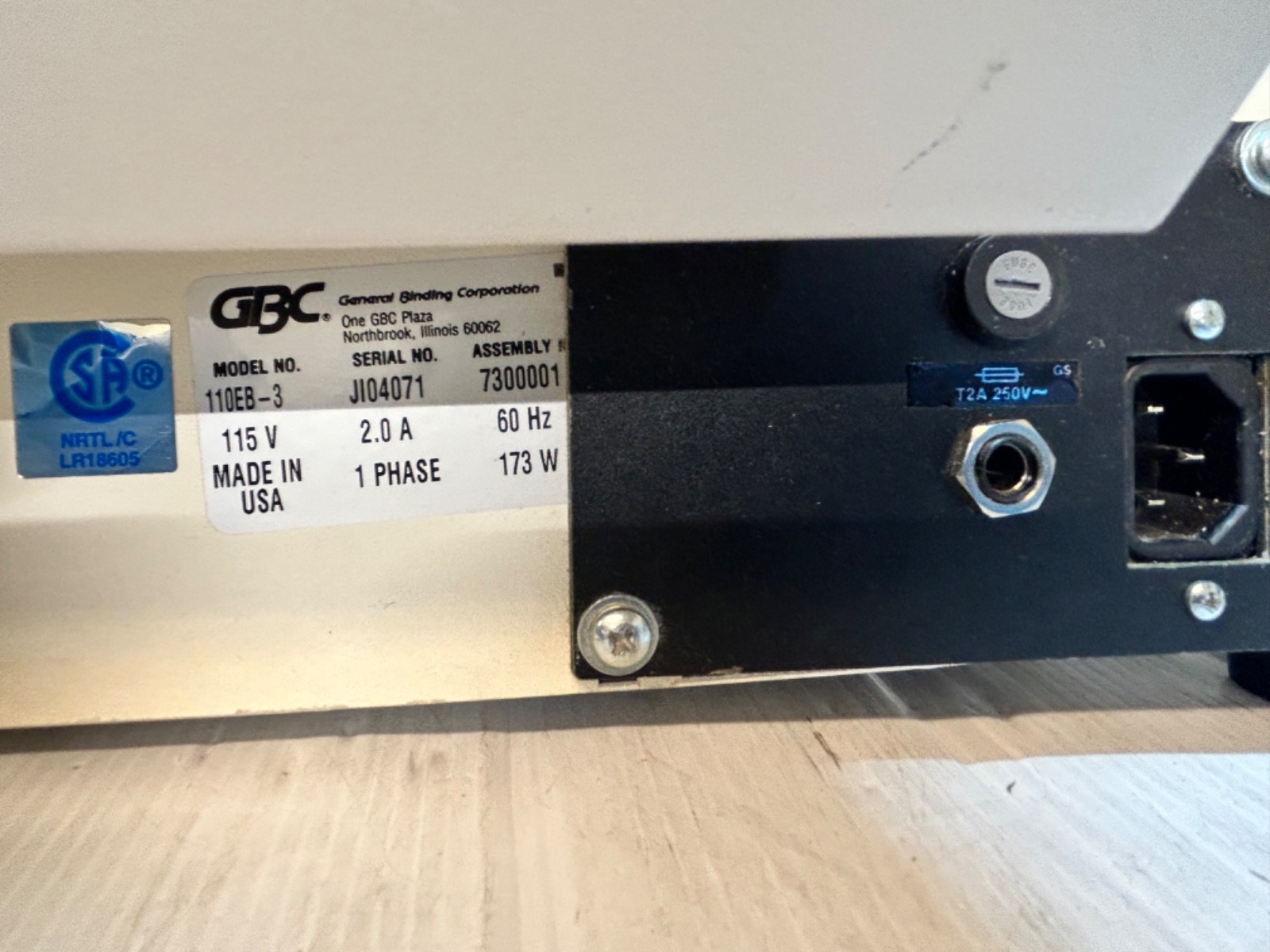GBC Electric Binder Model No. 110EB-3 173W 60Hz 1 Phase 115V (Parts Only) T01020