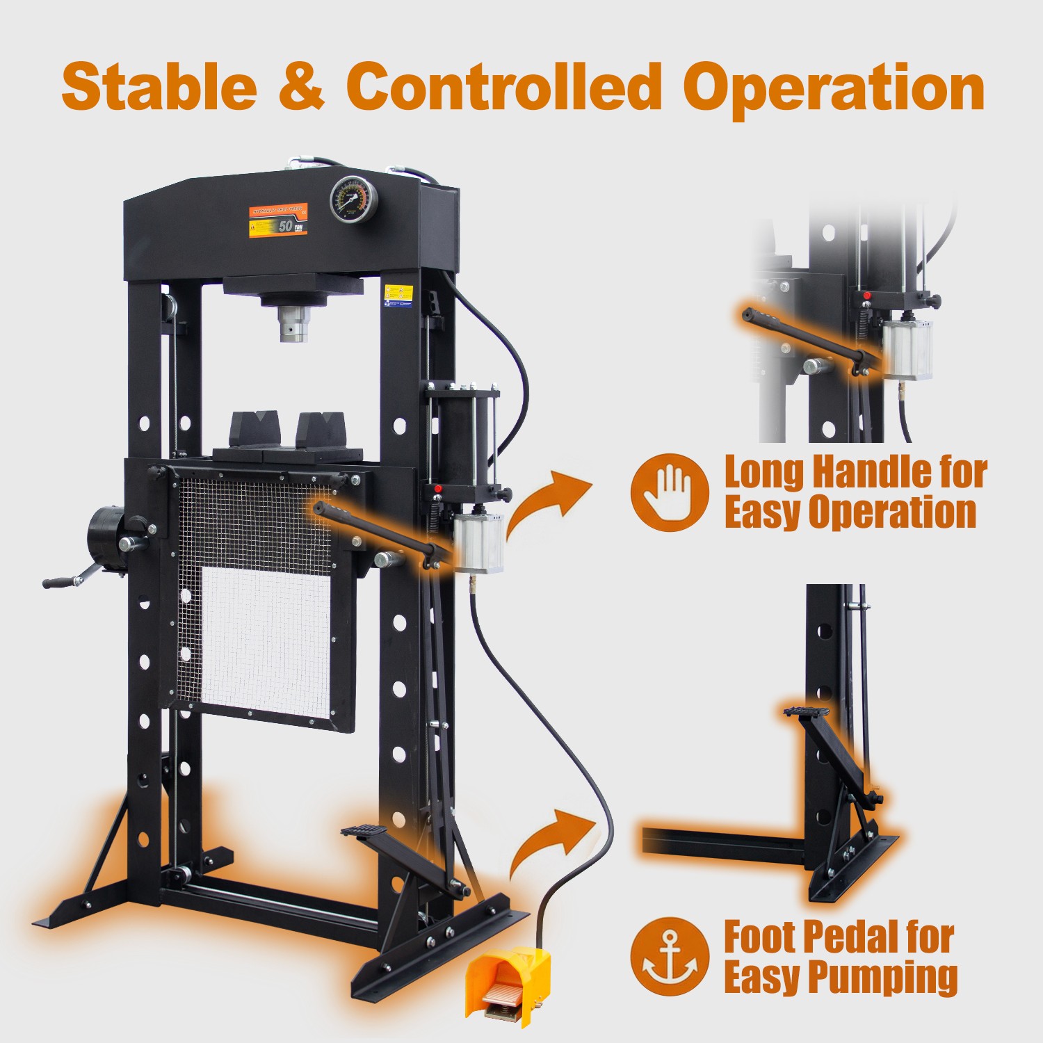 50 Ton Heavy Duty H-Frame Hydraulic Shop Repair Press with Triangular Support