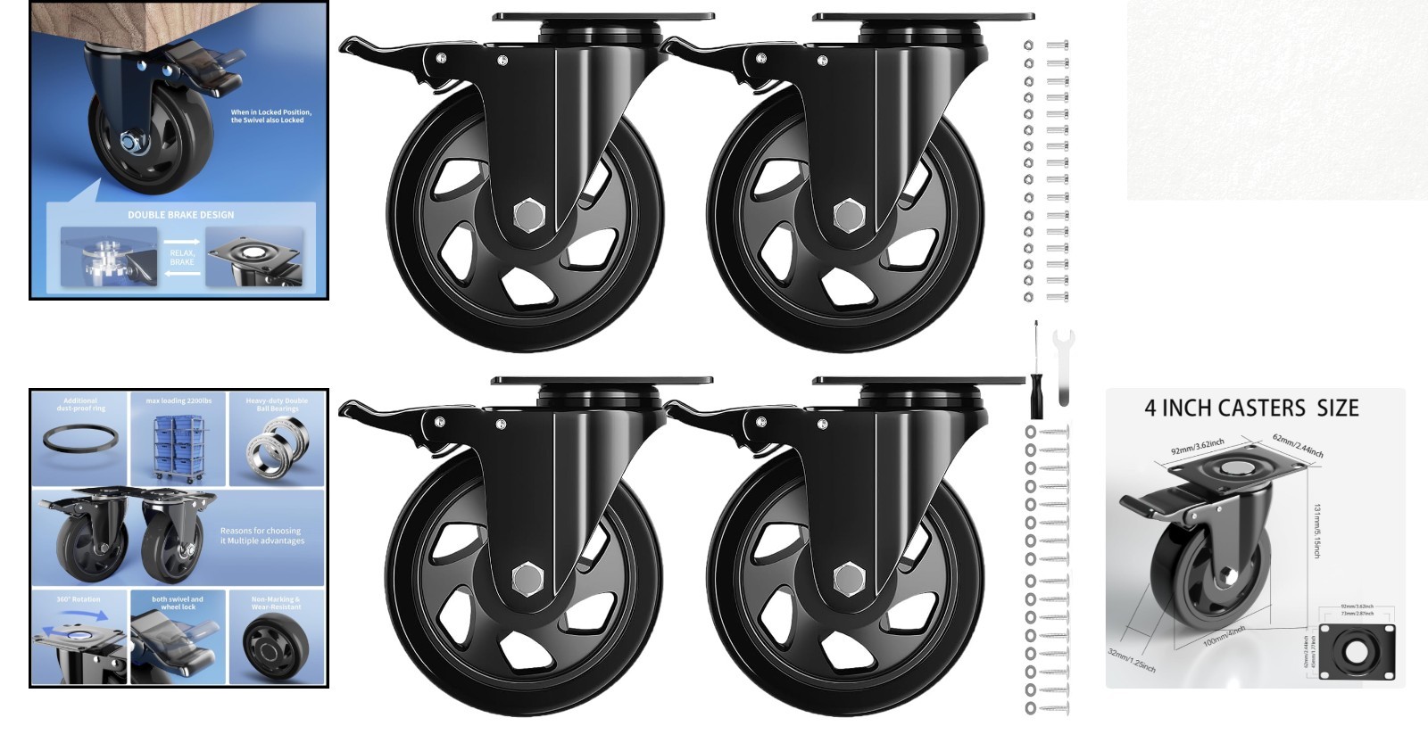 Versatile 4-Inch Heavy Duty Casters – Ideal for DIY Furniture Projects (4-Pack)