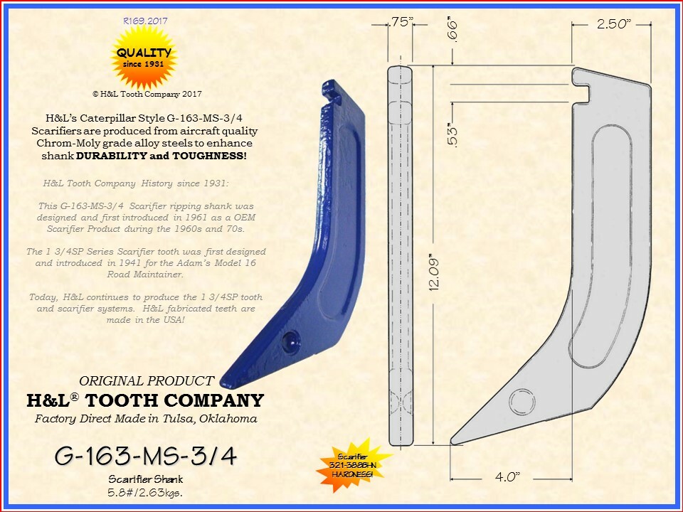 G-163-MS-3/4 Scarifier Ripper Shank Forged by H&L Tooth Co. Use with 1-3/4 Teeth
