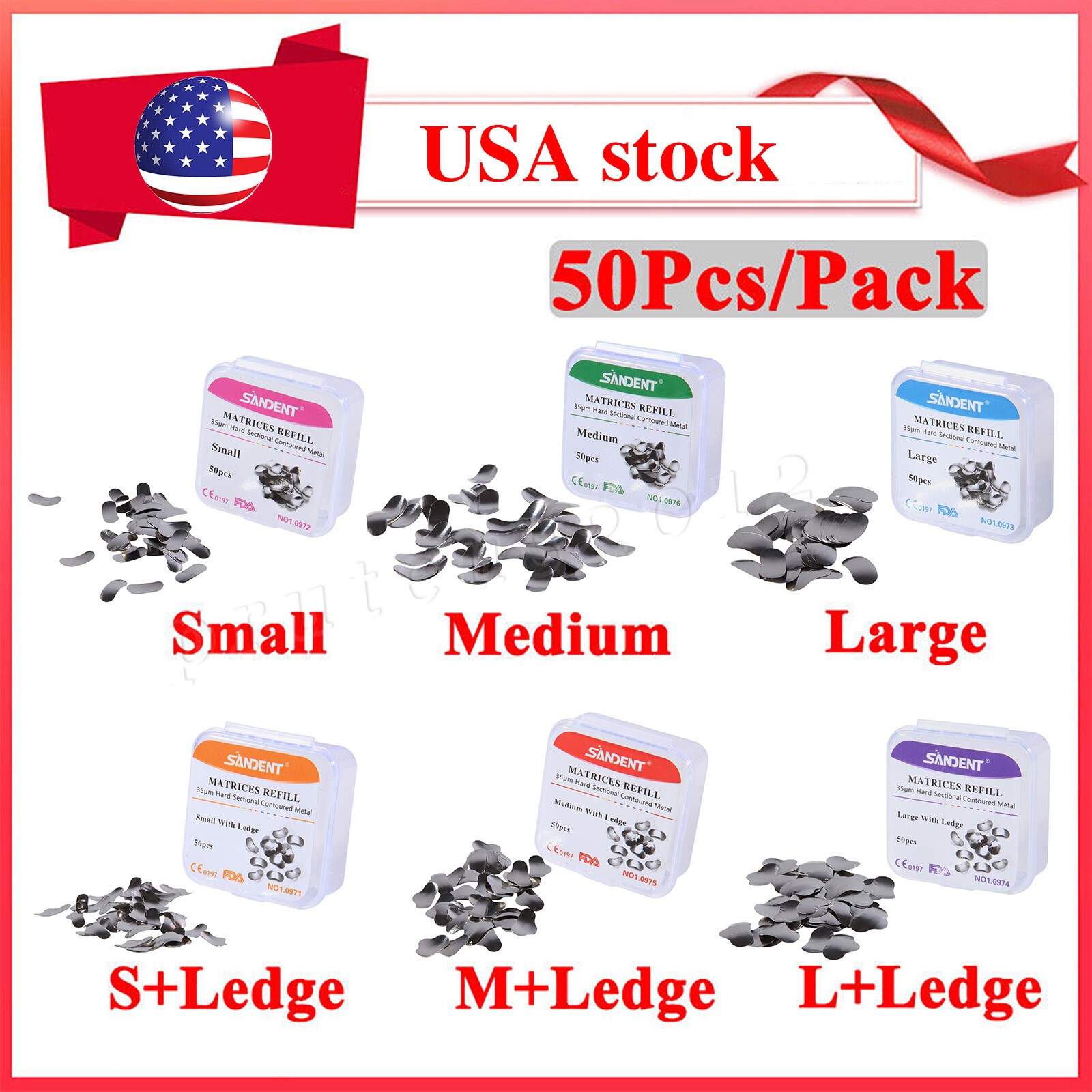 50 Pcs Dental Metal Matrices Sectional Contoured Matrix Refill hard band S/M/L