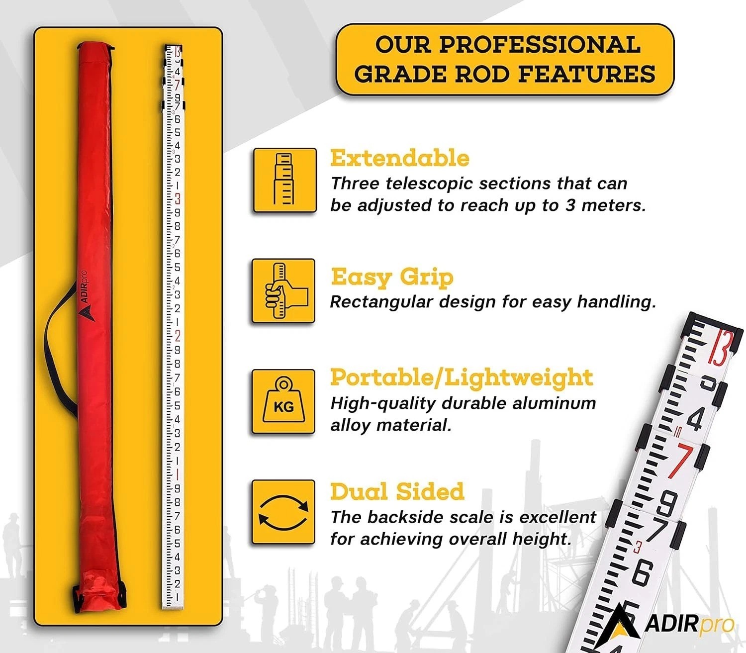 14 ft Telescoping Aluminum Leveling Rod with Bubble Level & Case