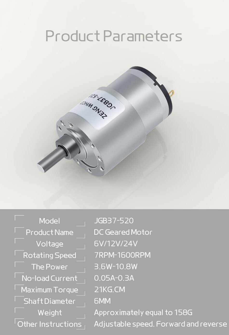 JGB37-520 DC 6V 12V 24V Reduction Gear Motor 7RPM-960RPM Large Torque GearBox