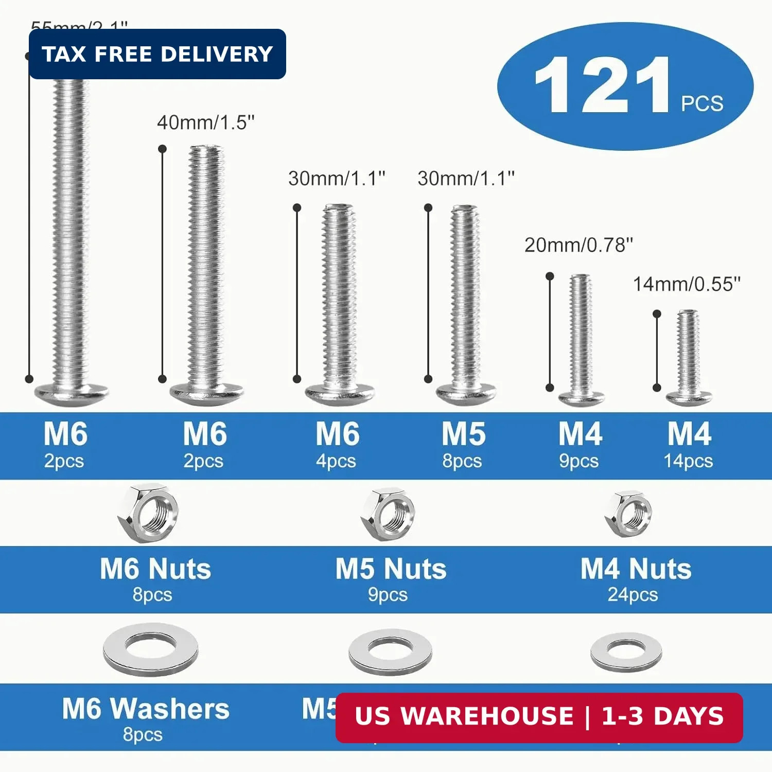 121PCS Nuts and Bolts Assortment Kit, M4 M5 M6 Phillips Head Machine Screws Asso