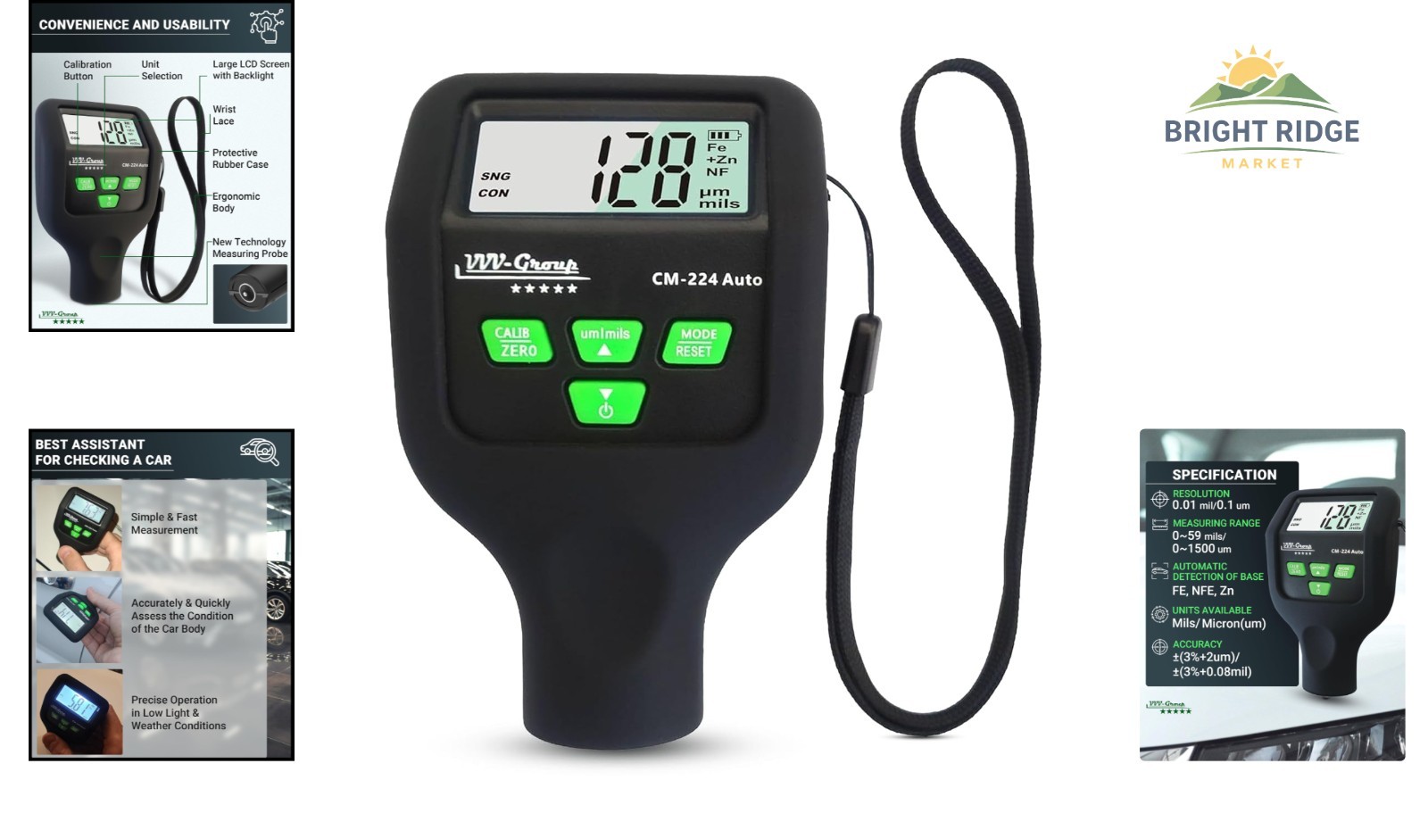 Digital Paint Thickness Gauge for Automotive Inspection with Backlit LCD Display