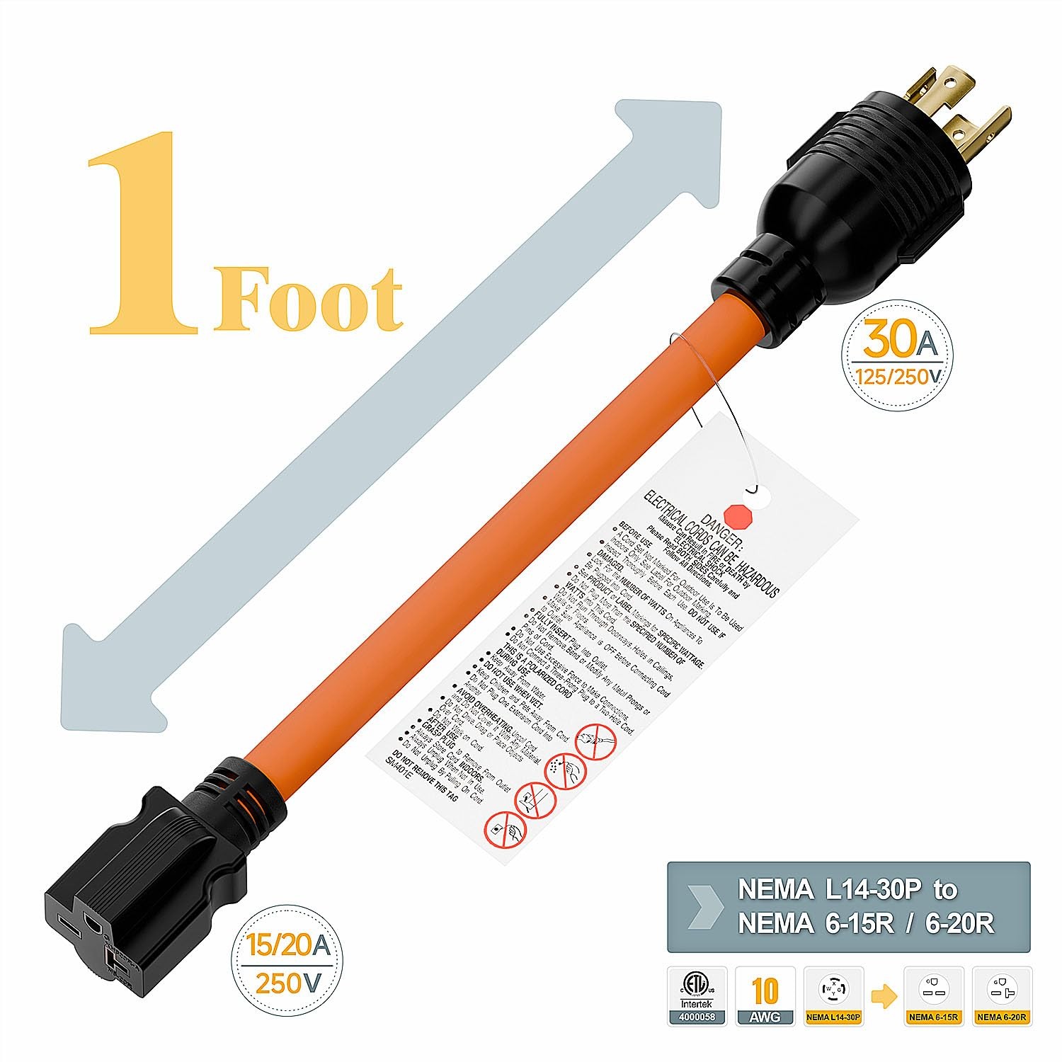 1FT Nema L14-30P 30Amp Locking Plug Male to 6-20R T-Blade Adapter, STW Black