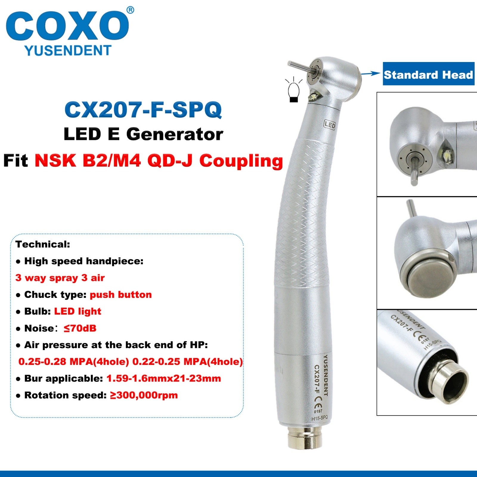 US COXO Dental LED Handpiece High Speed E Generato 2/4 Holes Coupler Fit NSK
