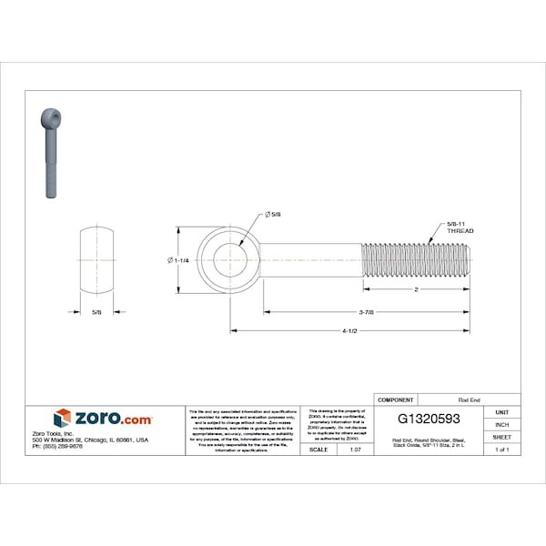 Te-Co 42950 Eye Bolt With Shoulder, 5/8″-11, 3-7/8 In Shank, 5/8 In Id, Steel,
